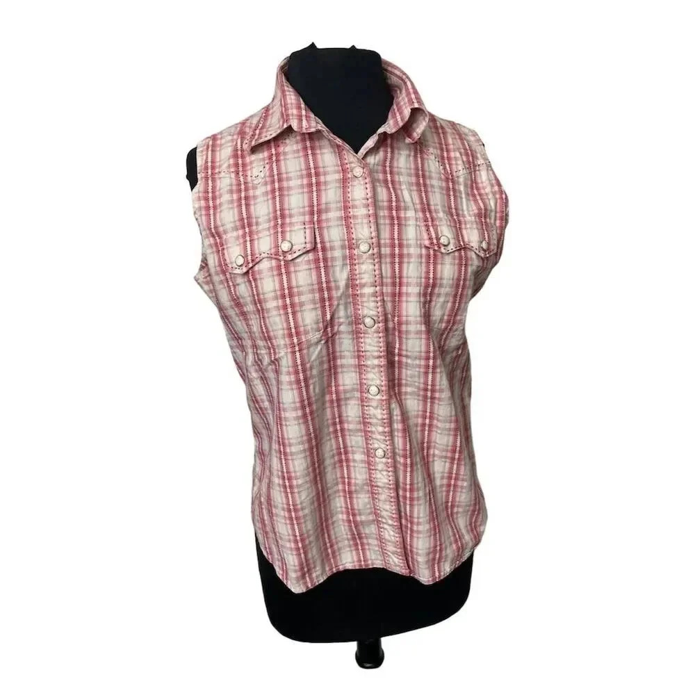 Brooks & Dunn Sleeveless Red Plaid Collared Button-Down Size L Casual 1852